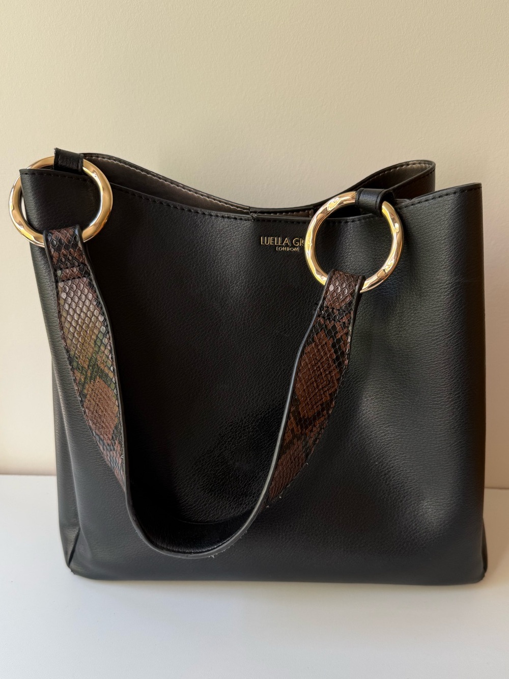 Black Leather Shoulder Bag with Snake-Print Accent Strap
